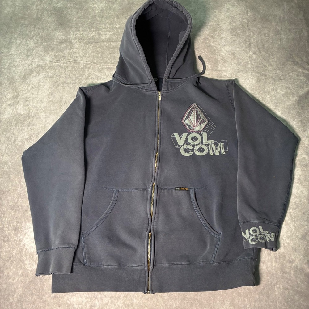 Y2K Volcom Stone Mens Full Zip Hoodie Faded Navy Blue Graphic Skate Sweatshirt M